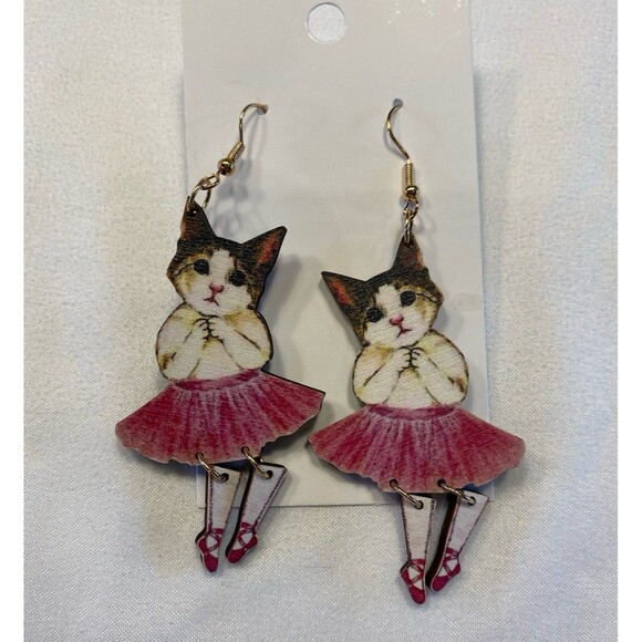 Cat Earrings Ballerina Dancing Kitty w/ Pink Tutu Whimsical Quirky Dangle Funny - Picture 3 of 6